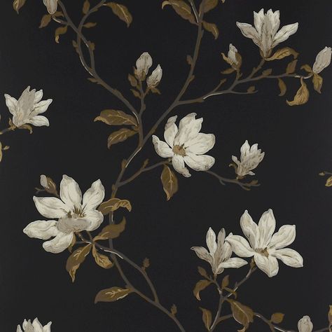 Marchwood Wallpaper in Black by Colefax and Fowler Black Floral Wallpaper, Colefax And Fowler, Tricia Guild, Headboard Styles, Animal Print Wallpaper, How To Hang Wallpaper, Rug Buying Guide, How To Make Curtains, Wallpaper Calculator