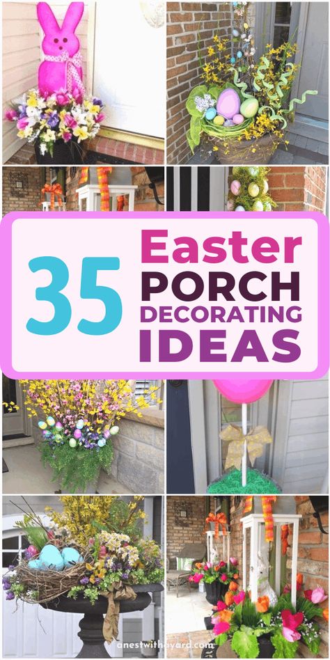 Easter Patio Decorations Ideas, Front Porch Easter Ideas, Easter Decorating Ideas Front Porches, Front Yard Easter Decor, Easter Porch Pot Ideas, Easter Planters Front Door, Diy Outside Easter Decorations, Easter Outdoor Decorations Diy, Easter Diy Table Decorations