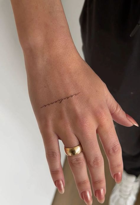 Hand Poke Back Tattoo Small Hand Word Tattoos, Words On Hands Tattoo, Cursive Line Tattoo, Hand Letter Tattoos For Women, Small Delicate Hand Tattoos For Women, Hand Tattoos For Women Fine Line, Hand Tattoo Placement Words, Word On Back Tattoo, Hand Tiny Tattoo