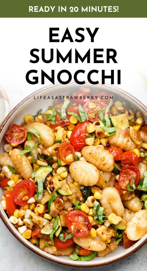 Summer Gnocchi - This quick, simple pasta is packed with veggies. Ready in 30 minutes! Full of color and packed with flavor: it’ll be one of your favorite gnocchi recipes in no time! We’re using cherry tomatoes, zucchini, and sweet corn; we also have substitution suggestions to help you use any veggies you have on hand. With a quick and easy white wine lemon sauce. Use store bought or homemade gnocchi, or grab your favorite pasta. Includes step by step photos. Vegetarian. Gnocchi With Vegetables Recipes, Gnocchi Salad Recipes, Summer Gnocchi Recipes, Mini Gnocchi Recipes, Quick Simple Pasta, Gnocchi With Vegetables, Summer Gnocchi, White Wine Lemon Sauce, Using Cherry Tomatoes