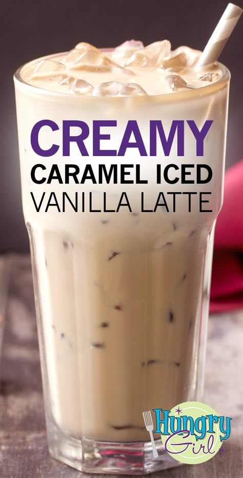 Iced Vanilla Latte, Vanilla Iced Coffee, Starbucks Drinks Diy, Hungry Girl Recipes, Cold Coffee Recipes, Recipe Builder, Iced Coffee Drinks, Creamy Caramel, Healthy Coffee