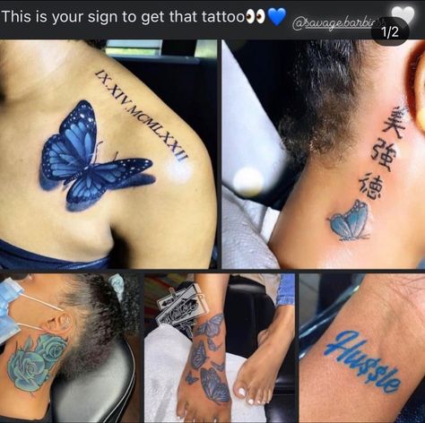 Butterfly Tattoo Black, Music Tattoo Sleeves, Blue Butterfly Tattoo, Cute Hand Tattoos, Small Pretty Tattoos, Blue Tattoo, Tattoos For Black Skin, Dope Tattoos For Women, Shoulder Tattoos For Women