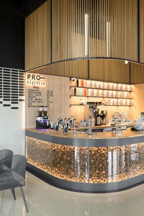 The Custom Designed Tables In This Cafe Are Like A Ribbon That Wraps Around Onto The Wall Cafe Bar Design, Modern Coffee Shop, Bar Counter Design, Cafe Counter, Coffee Bar Design, Bar Interior Design, Cafe Shop Design, Home Coffee Bar, Coffee Shops Interior