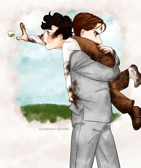 Teen Mycroft carrying kid Sherlock. So cute! Sherlock Mycroft, Holmes Brothers, Mycroft Holmes, Bee Colony, Mark Gatiss, Sherlock 3, Sherlock Fanart, Sherlock John, John Watson