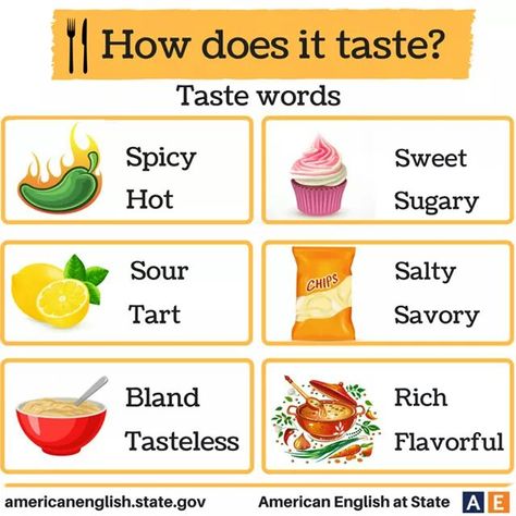 English is fun!: Adjectives to describe taste English Adjectives, Food Vocabulary, English Teaching Materials, Esl Vocabulary, Kids English, Learn English Grammar, English Fun, English Lessons For Kids, English Idioms