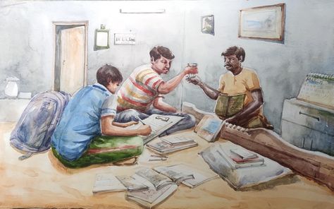 Memory Composition in water colour,Size-14× 20 Vaf Cartridge by Krishna Mondal West Bengal India Watercolor Memory Drawing, Composition Watercolor, Composition Study, Watercolor Composition, Scenery Drawing For Kids, Paintings Nature, Memory Drawing, Figure Sketches, Composition Drawing