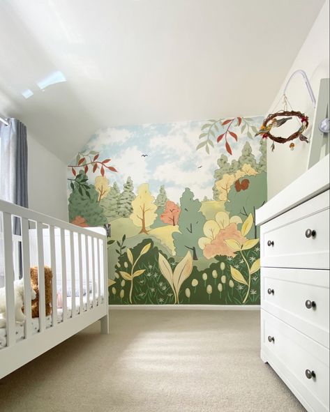 A light and calming woodland themed wall painting mural for a kids bedroom/nursery in the Cotswolds Nursery Murals Painted, Beautiful Wall Painting, Small Baby Room, Dream Kids, Nursery Mural, Murals For Kids, Bedroom Murals, Nursery Paintings, Little Greene Paint