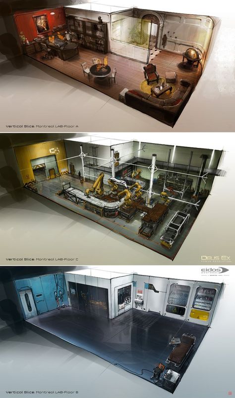 Various sets - Game: Deus Ex: Human Revolution Sci Fi Set Design, Sci Fi Room Concept Art, Level Design Concept, Sci Fi Office, Sci Fi Interior Design, Sci Fi Room, Sci Fi Base, Deus Ex Human, Scifi Environment