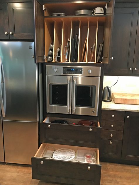 Hinton-Faisst Oven Storage Drawer, Double Oven And Warming Drawer, Pull Out Cabinet For Pots And Pans, Pots And Pans Pull Out Drawer, Pot And Pan Pullout, French Door Oven, Kitchen Cabinets And Flooring, Double Oven Kitchen, Kitchen Cabinet Style