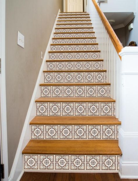 A Roman-style tilework pattern; intricate, understated and attractive. At last, a way to make your stairways beautiful! RiserArt presents these specially designed art creations perfect for making your Stenciled Stairs, Vinyl Stair Risers, Decal Wallpaper, Stair Art, Stair Decals, Mosaic Tile Patterns, Vinyl Panels, Stairs Makeover, Marble Stairs