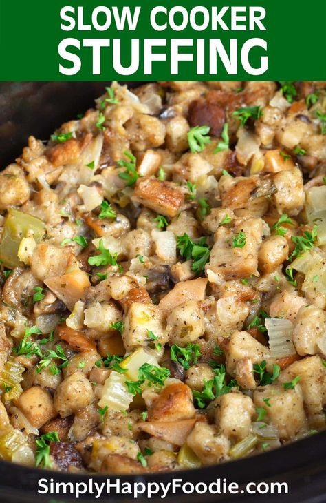 Easy Slow Cooker Stuffing is a great way to make your Thanksgiving dressing recipe without needing your oven. This crockpot stuffing recipe is full of flavor and is delicious. This is also called Slow Cooker Dressing simplyhappyfoodie.com Slow Cooker Stuffing Thanksgiving, Crockpot Stuffing Thanksgiving, Stuffing Recipes Crockpot, Turkey Dressing Recipe, Crockpot Stuffing, Turkey Stuffing Recipes, Sausage Stuffing Recipe, Dressing Recipes Thanksgiving, Stuffing Recipes For Thanksgiving