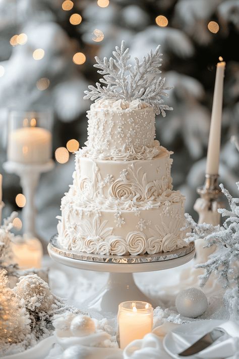 Winter wedding cake Snow Wedding Theme, Winter Fairytale Wedding, Wedding Cake Blue And White, Christmas Wedding Ideas Elegant, Wedding Cake Winter, Winter Wedding Flowers Bouquets, Winter Wedding Cakes, Winter Wedding Theme, Christmas Wedding Cake