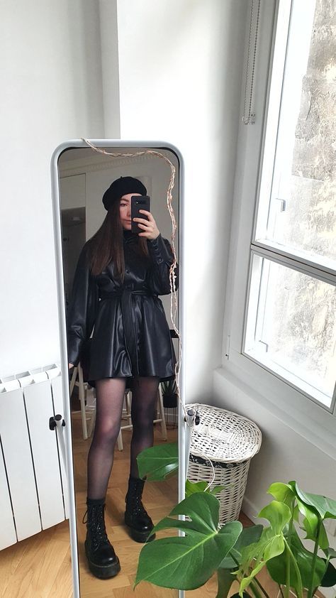 All black outfit leather dress beret french girl aesthetic jadon doc martens Dr Martens Corporate Outfit, Dr Martens Dressed Up, High Heel Doc Martens Outfit, Doc Martens Dress Outfits, Dress And Doc Martens, Martin Boots Outfits, Italian Girl Style, Doc Martin Outfits, Dr Martin Boots