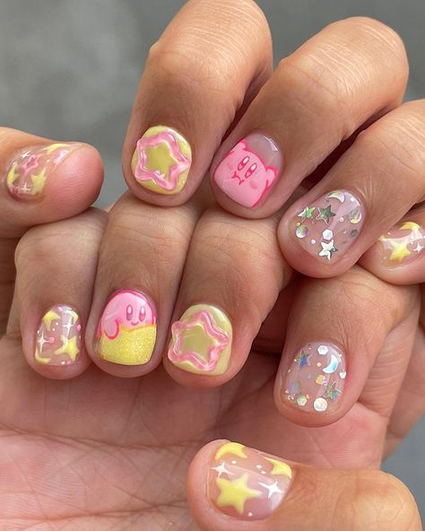 Noelle Fuyu Nails on Instagram: “Happy 30th anniversary Kirby🌟 Let’s appreciate @masahirosakurai for creating Kirby in this world🙏🏼 Nail inspo from @tengoku_nails 🌈” Wedding Anniversary Nails, Birthday Acrylic Nails, Anniversary Nails, Acrylic Nails Short, Happy 30th Anniversary, Sky Nails, Asian Nails, Anime Nails, 30th Wedding Anniversary