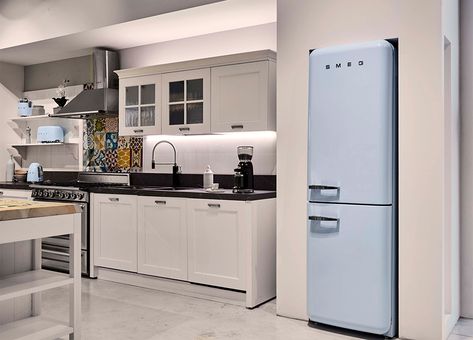 Two-Door FABs Fridges Smeg Fridge Kitchen, Two Door Refrigerator, Cantilever Shelf, Smeg Fridge, Color Refrigerator, Refrigerator Wall, Slide Out Shelves, Bottom Freezer Refrigerator, Interior Led Lights