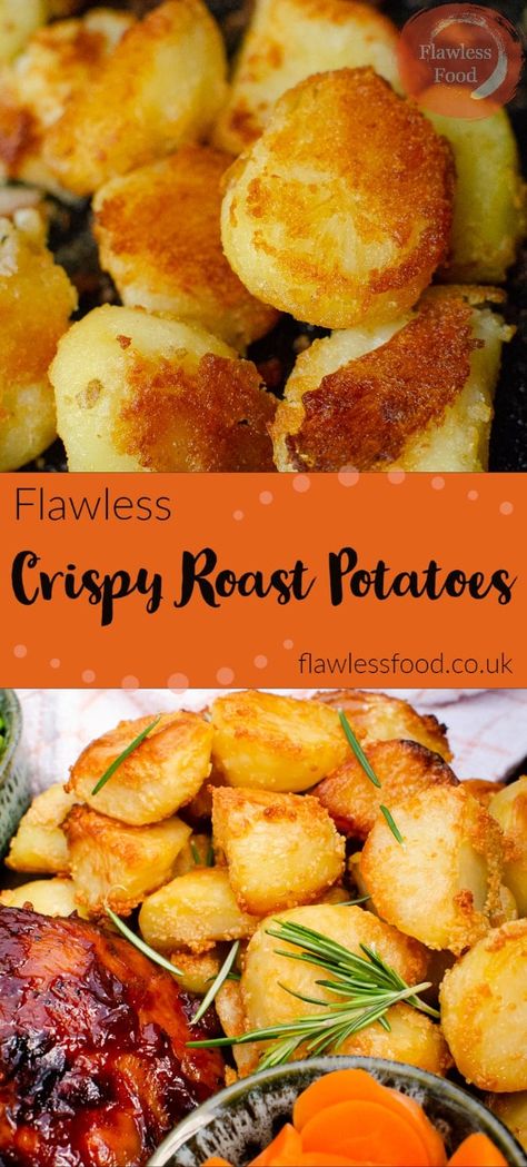 How to make perfect crispy roast potatoes? This easy to follow recipe will give you the best side dish to add to your traditional Sunday roast dinner. Roasted in the oven with rosemary(or your chosen herbs) and couscous which gives it an extra crunch and cooked with goose fat. Roast Potatoes In The Oven, Goose Fat Roast Potatoes, British Roast Dinner, English Roast, Roast Dinner Recipes, Sunday Roast Dinner, Potatoes In The Oven, Best Roast Potatoes, Crispy Roast Potatoes