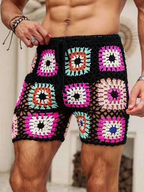 Men Crochet Colorful Knitted Hollow Out Simple Shorts Multicolor Boho   Fabric Plants,All Over Print Straight Leg Medium Stretch  Men Clothing, size features are:Bust: ,Length: ,Sleeve Length: Crochet Ideas For Guys, Crochet Mens Shorts, Crochet Bathing Suit Top, Crochet Colorful, Fabric Plants, Crochet Men, Crochet Bathing Suits, Men Crochet, Crochet Short