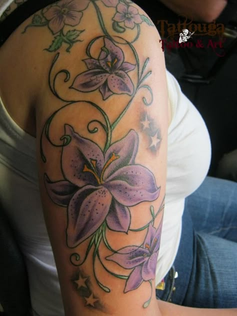 Purple Lily Purple Lily Tattoo, Tattoo Designs Realistic, Lily Tattoo Sleeve, Purple Lily Flower, Lily Tattoo Designs, Tiger Lily Tattoo, Lily Flower Tattoo, Stargazer Lily Tattoo, Arm Tattos