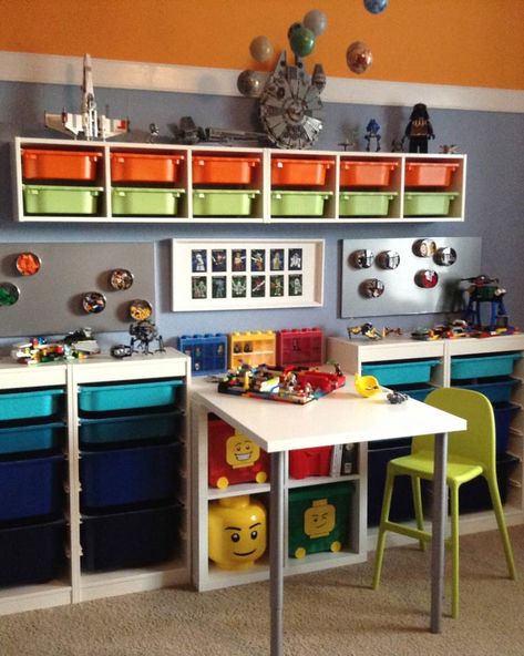 Kids Rooms Using IKEA Trofast Storage | Apartment Therapy 3 Kids In One Room Ikea, Playmobil Storage Ideas Ikea, Ikea Trofast Kids Room, Boys Ikea Bedroom Ideas, Trofast Combination, Playmobil Storage Ideas, Trofast Lego Table, Ikea Trofast Desk, Ikea Trofast Ideas