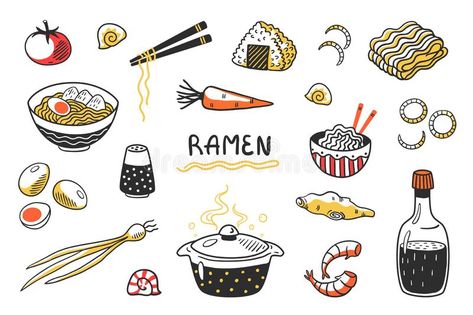 Doodle Ramen. Chinese hand drawn noodle soup with food sticks bowls and ingredients. Vector Asian food sketch set. With egg noodles and other cooking products royalty free illustration Lecture Idea, Ramen Design, Noodle Doodle, Food Doodle, Fish Background, Food Doodles, Japanese Logo, Food Sketch, Food Drawing