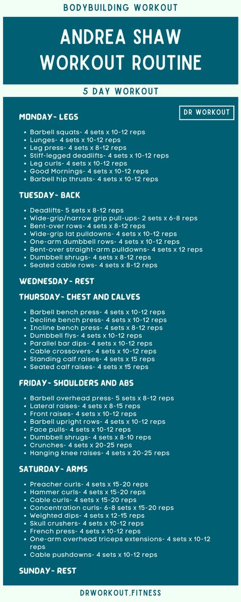 Andrea Shaw’s Workout Routine Ppl Workout Routine For Women, Women Bodybuilding Workouts, 6 Day Workout Split Women, Ppl Workout Routine, Weightlifting Plan, Dr Workout, Gym Workouts For Women, Split Routine, Weekly Gym Workouts