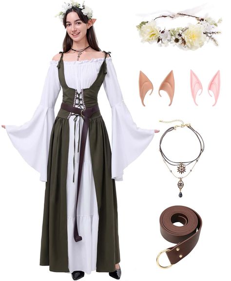 PRICES MAY VARY. Versatile Set: This 7-piece set includes 2 Renaissance dresses, 2 pairs of elf ears, vintage layered necklaces, leather belts, and flower crowns for a complete medieval costume ensemble. Comfortable Fit: The Medieval Renaissance Dresses are made of high-quality polyester and spandex fabric, which is soft, breathable, and comfortable to wear. The necklace is made of titanium steel. The flower crown is made of resin. The belt is made of synthetic leather. The elf ears are made of Elvish Costume, Elf Outfit Women, Elf Costume Women, Elf Costume Ideas, Woodland Elf Costume, Archer Costume, Medieval Banquet, Elf Outfit, Medieval Necklace