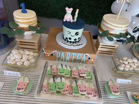 Boba birthday party -diy Bobba Tea Birthday Party, Boba 1st Birthday, Bubble Tea Birthday Party, Boba Party Ideas, Bubble Tea Party Theme, Dumpling And Boba Party, Boba Birthday Party Ideas, Boba Bar Station, Boba Birthday Cake