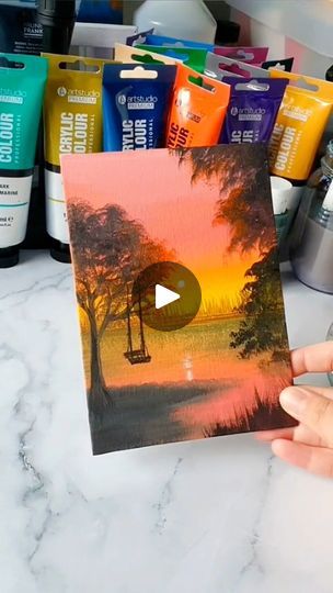 Sunset Lake Painting, Creative Arts Therapy, 100k Views, 50k Views, Beginner Art, Acrylic Painting Lessons, Lake Painting, Relaxing Art, Sarah Kay