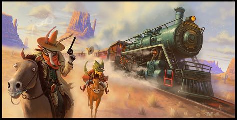 For my narrative painting class we were given a list of short sentences to choose from an illustrate. I chose "The two animals were bad banditos" and created this western train heist about to happe... Narrative Painting, Western Train, Train Cartoon, The Great Train Robbery, Two Animals, Short Sentences, Train Illustration, Train Whistle, Runaway Train