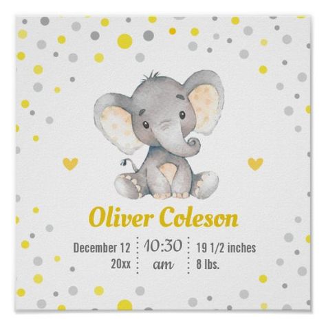 Yellow And Grey Nursery, Grey Elephant Nursery, Polka Dot Nursery, Elephant Poster, Sip And See, Baby Stats, Yellow Nursery, Boy Wall Art, Elephant Wall Art