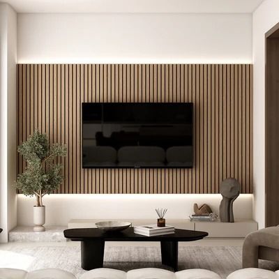 Wall Panels – Ozarké Slat Wall Panelling Living Room, Wooden Panels Living Room, Panelled Walls Living Room Modern, Wooden Slat Tv Wall, Slatted Tv Wall, Acoustic Panel Bedroom, Wood Slat Media Wall, Acoustic Panels Living Room, Apartment Tv Wall