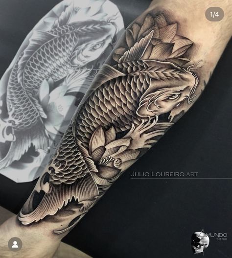 Koi Fish Tattoo Forearm, Japanese Tattoo Koi, Pez Koi Tattoo, Dragon Koi Tattoo Design, Koi Dragon Tattoo, Carp Tattoo, Japanese Koi Fish Tattoo, Koi Tattoo Sleeve, Half Sleeve Tattoos Forearm