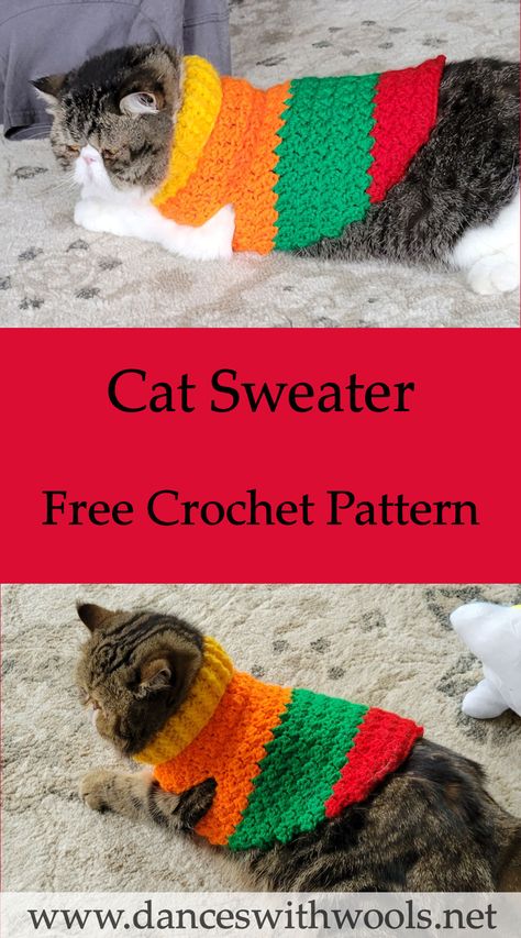 Cat Sweaters For Cats Free Pattern, Rat Sweater Crochet Pattern, Free Cat Sweater Pattern, How To Crochet A Cat Sweater, Crochet Sweaters For Cats, Cat Christmas Sweater Crochet Pattern, Crochet Net Sweater Free Pattern, Cat Crochet Jumper, Cat Vest Crochet Pattern