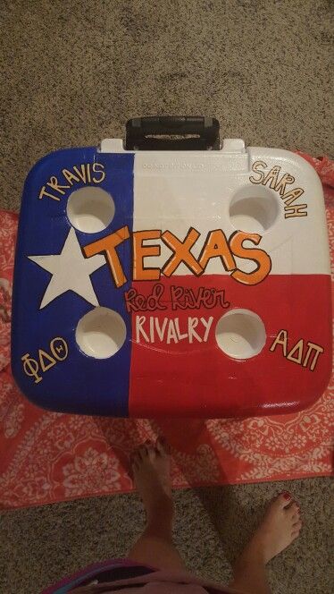 Texas Cooler Painting, Texas Ou Cooler Ideas, Tx Ou Cooler, Texas Ou Cooler, Painted Fraternity Coolers, Painted Coolers, Alabama College Football, Fraternity Coolers, Cooler Ideas