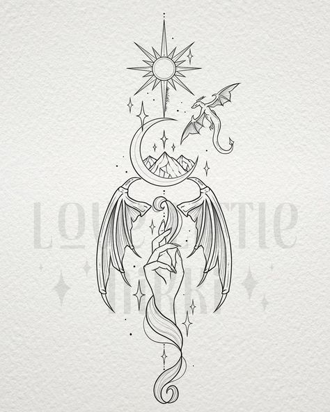 Lovely piece for Klara, who gave me a sketch and wanted me to work my magic on it ✨🌙 thank you for your trust in me to bring your ACOTAR design to life! My favourite part has to be the hand wrapped in shadow swirls 🖤✨ #acotar #tattoodesign #throneofglass Magic Sketches Ideas, Acotar Pencil Drawings, Magical Back Tattoo, Fourth Wing Acotar Tattoo, Rhysand And Feyre Tattoo, Illiryans Tattoo Acotar, Fourth Wing And Acotar Tattoo, Acotar Sketches Easy, Don’t Let The Hard Days Win Acotar Tattoo