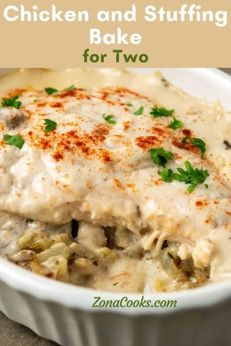 Chicken & Stuffing Casserole (for Two - 45 min) • Zona Cooks Cream Of Mushroom Sauce, Casserole For Two, Baked Chicken Casserole, Batch Meals, Chicken Stuffing Casserole, Chicken And Stuffing, Chicken Stuffing, Chicken Casseroles, Homemade Stuffing