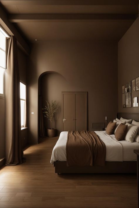 House Design Earth Tones, Caramel Brown Bedroom, Bedroom Brown Curtains, Brown Rooms Ideas, Sand Colored Bedroom, Brown Wall Painting Ideas, Brown Wall Aesthetic, Chocolate Brown Bedroom Ideas, Earth Tone Walls