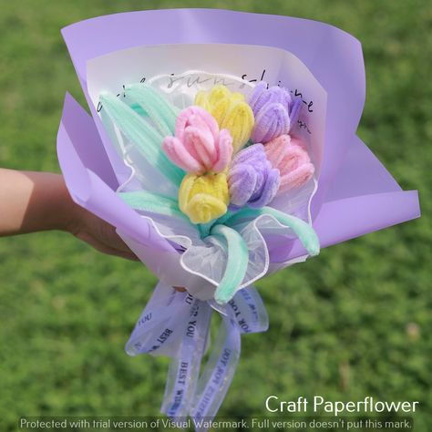 Crafting-ideas crafts ideas crafted gifts Fuzzy Wire Tulips, Chenille Bouquet, Beautiful Flower Bouquet, Flower Pastel, Packaging Handmade, Diy Bouquet Wrap, Pipe Cleaner Flowers, Nice Packaging, Crafted Gifts