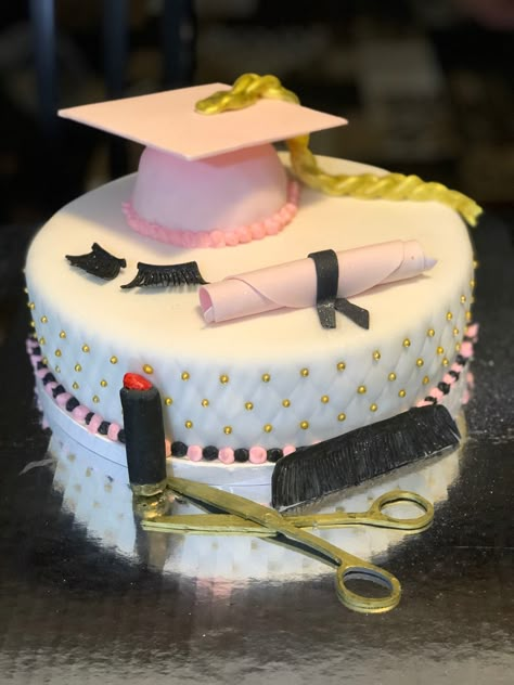 Cosmetologist Graduation Party, Cosmetology Graduate Pictures, Cosmetology Graduation Party Ideas, Cosmetology Cake Graduation, Cosmetology Grad Party, Graduation From Cosmetology School, Cosmetologist Graduation Pictures, Esthetician Party Ideas, Graduating Cosmetology School