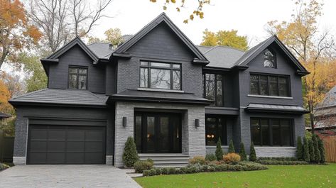 Dark Grey Houses, Gray House Exterior, House Exterior Colors Schemes, Grey Houses, Exterior Color Schemes, Exterior House, Exterior House Colors, Charcoal Color, Colour Schemes