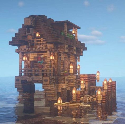 Waterhouse Minecraft, Water House Minecraft, Awesome Minecraft Houses, Minecraft Water House, House Minecraft Ideas, Wood Minecraft, Houses On The Water, Minecraft Building Guide, Minecraft Structures