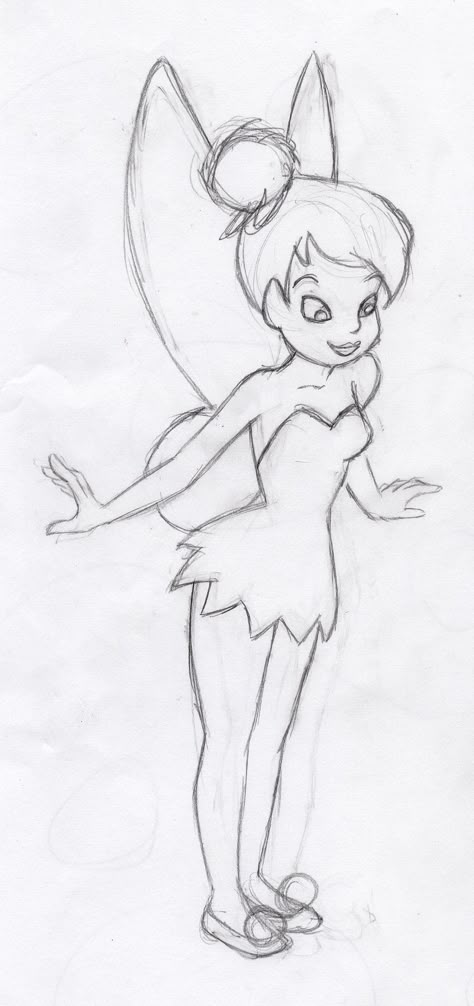 Tinkerbell Easy Drawing, Disney Drawings With Color, Tinkerbell Doodle, Disney Doodles Simple, Tinkerbell Sketch, How To Draw Tinkerbell, Drawing Ideas Disney, Tinkerbell Drawing, Disney Character Sketches