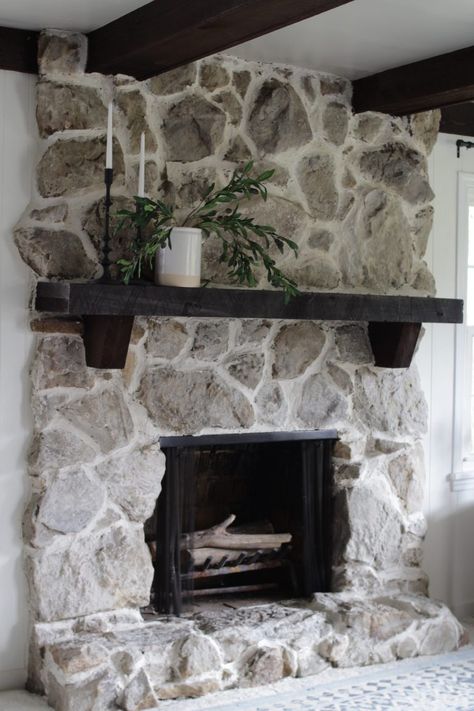 English Cottage Fireplace Country Style, Stonewashed Fireplace, Heavy Mortar Stone Fireplace, Large Picture Above Fireplace, Plastering Over Stone Fireplace, 1970s Stone Fireplace Makeover, Mantle For Stone Fireplace, Mortar Wash Stone Fireplace, Overgrout Fireplace