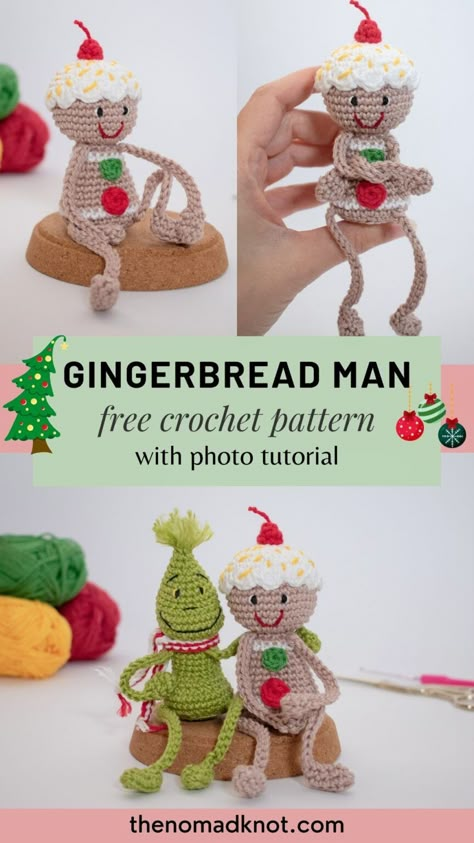 Crochet Gingerbread Man free pattern ⋆ The Nomad Knot Free Crochet Patterns Ornaments, Crochet Gingerbread Amigurumi, Ginger Bread Man Crochet, Ginger Bread Crochet Free Pattern, Crochet Christmas Placemats Free Pattern, Crochet Christmas Free Pattern, Crochet Christmas Patterns Free, Easy Christmas Crochet, Gingerbread Man Crochet