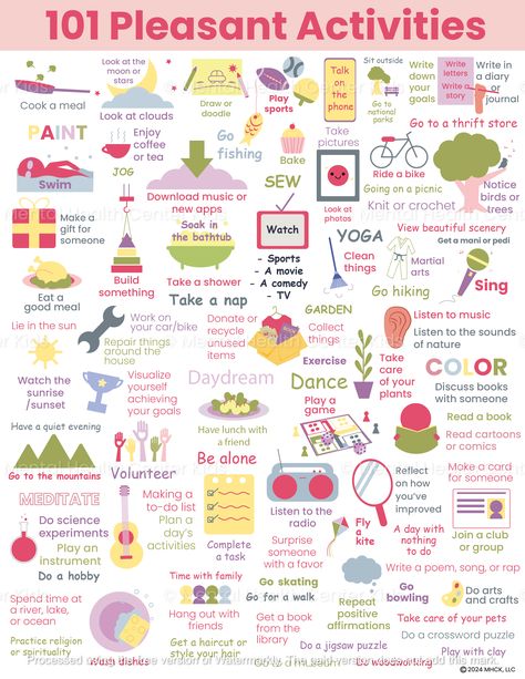 Engaging in activities that bring joy is one of the best ways to distract yourself from distressing situations. Doing pleasant activities promotes short-term relief that leads to reduced stress and better management of emotions. These activities align with accumulating positive emotions short-term, which is part of the ABC emotion regulation skill in Dialectical Behavior Therapy (DBT). The DBT Pleasant Activities Poster provides various pleasant activities that are suitable for clients of all ages. Examples include arts and crafts, meditation, listening to music, playing sports, watching the sunset, and keeping a gratitude journal. These activities can be practiced in individual or group settings. The poster is intended to inspire kids and teens to experience pleasant events mindfully, whi Therapy Activity For Teens, Art Therapy Activities For Kids, Therapy Activities For Teens, Therapy Games For Kids, Mental Health Activity Ideas, Ways To Distract Yourself, Experiential Therapy, Meditation Activities, Mental Health Activity