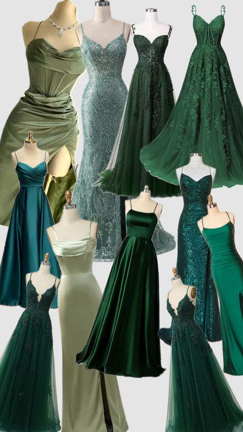 Book Inspired Prom Dresses, Prom Dresses Inspo 2025, Uncommon Prom Dresses, Pretty Grad Dresses, 2025 Formal Dresses, Green Prom Aesthetic, Prom Dress Inspiration Green, Sweet 16 Dresses Green, Green Grad Dresses