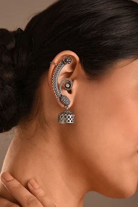 Silver Tone Tribal Earcuffs. . . #earrings #silvertone #earcuffs Earcuffs Earrings Fashion, Earcuffs Earrings Indian, Jhumkas Aesthetic, Earcuffs Earrings, Navratri Ideas, Navratri Jewellery, Black Metal Jewelry, Diy Fabric Jewellery, Indian Jewelry Earrings