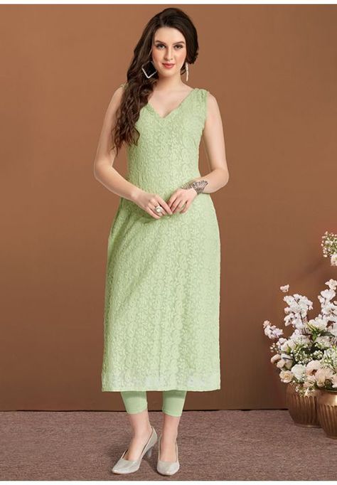 Green Chikankari Kurta, Sleeveless Kurti Designs, Dress From Saree, Sleeveless Kurti, Long Choli Lehenga, Georgette Kurtis, Chicken Kari, Chikankari Work, Angrakha Style