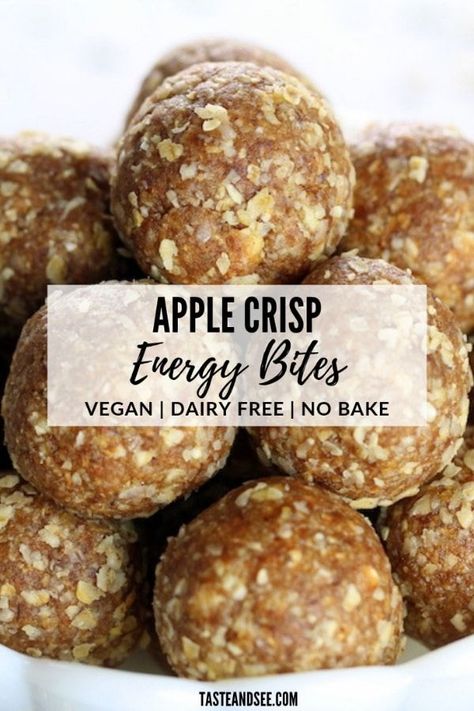 These Apple Crisp Energy Bites are the perfect 5-minute snack! #GlutenFree #NoBake #Vegan #5-Minute #TasteAndSee Vegan Energy Balls, Energy Bites Recipes, No Bake Energy Bites, Healthy Protein Snacks, Energy Ball Recipe, Energy Snacks, Energy Foods, No Bake Snacks, Protein Ball