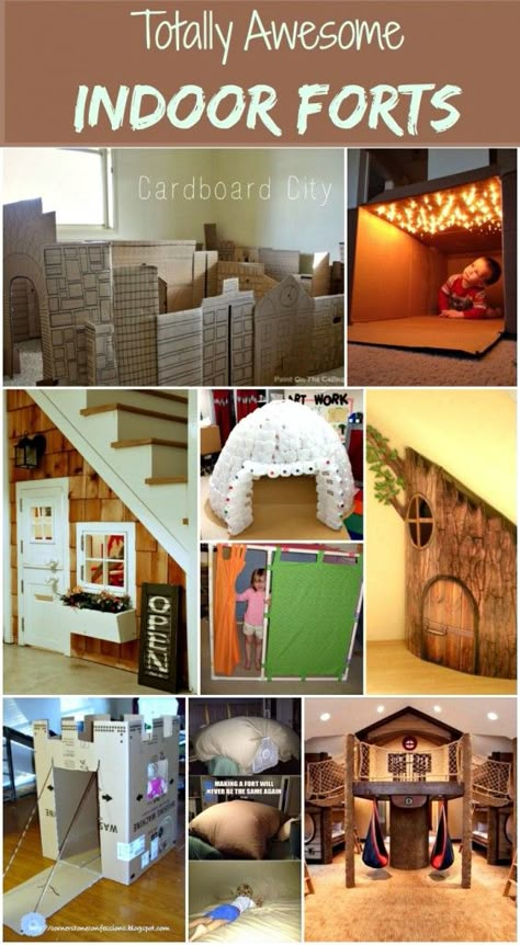 totally awesome indoor forts - with the cool weather coming - needing some creative ideas! Indoor Microgreens, Indoor Forts, Fort Ideas, Kid Playroom, Easy Indoor Activities, Cardboard City, Princess Pinky Girl, Playhouse Plans, Pinky Girl